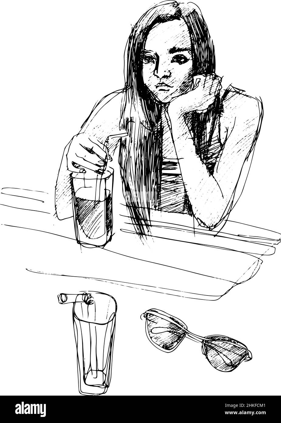 black and white sketch of a girl drinking a cocktail Stock Photo