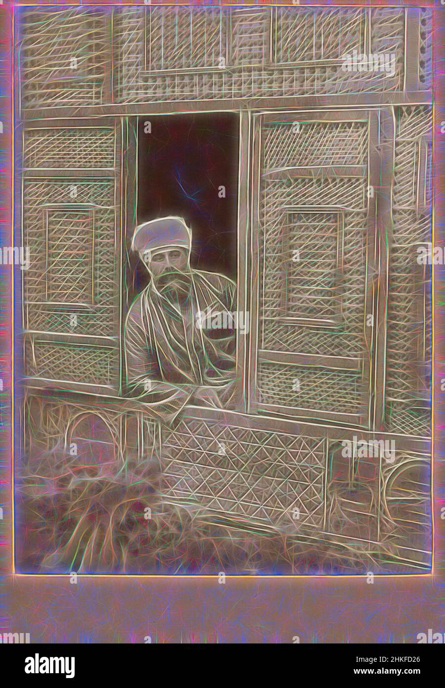 Inspired by Man in window, Caïro, 1880, albumen print, height 162 mm × width 107 mm, Reimagined by Artotop. Classic art reinvented with a modern twist. Design of warm cheerful glowing of brightness and light ray radiance. Photography inspired by surrealism and futurism, embracing dynamic energy of modern technology, movement, speed and revolutionize culture Stock Photo