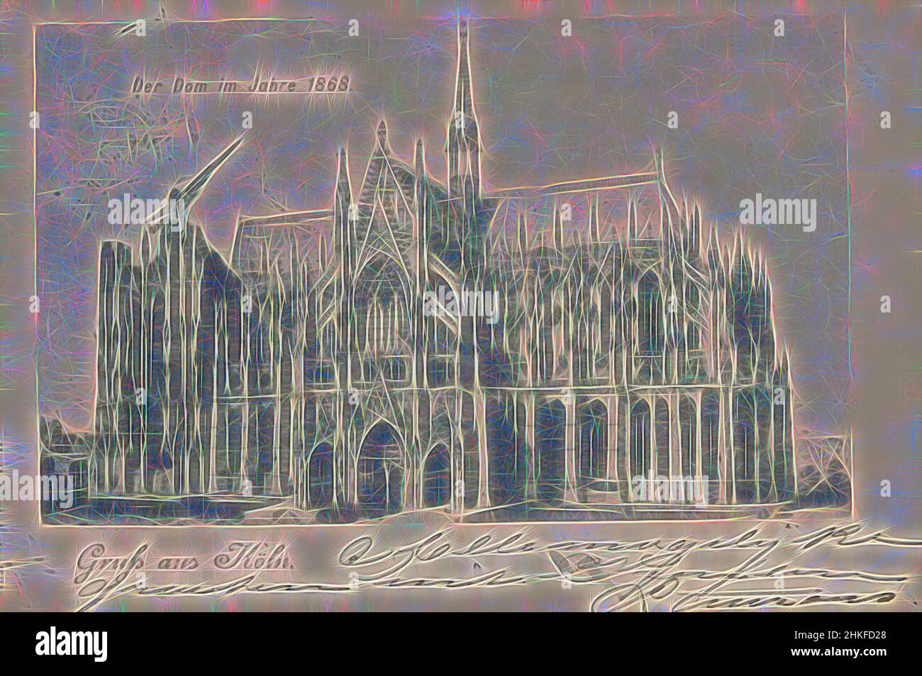 Inspired by Der Dom im Jahre 1868, Gruss aus Köln, maker: F. Szesztokat, Cologne, 27-Sep-1909, collotype, writing (processes), height 93 mm × width 143 mm, Reimagined by Artotop. Classic art reinvented with a modern twist. Design of warm cheerful glowing of brightness and light ray radiance. Photography inspired by surrealism and futurism, embracing dynamic energy of modern technology, movement, speed and revolutionize culture Stock Photo