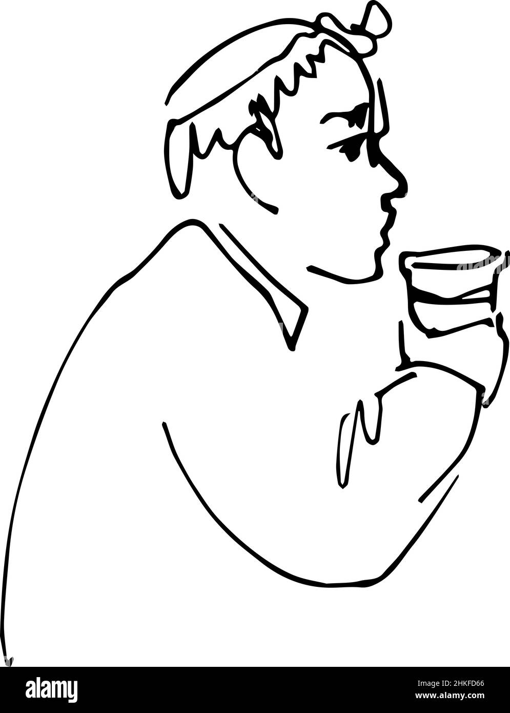 black and white sketch vector bald man drinking from a cup Stock Photo