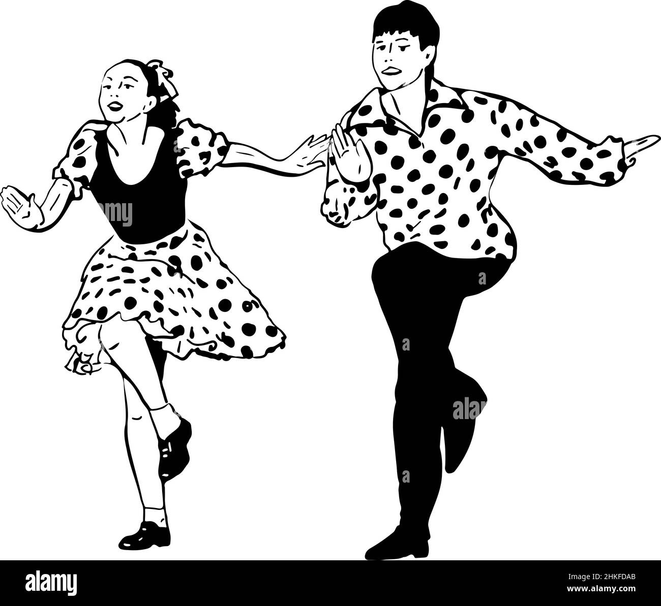 black and white vector sketch of a guy with a girl dancing rock and roll Stock Photo