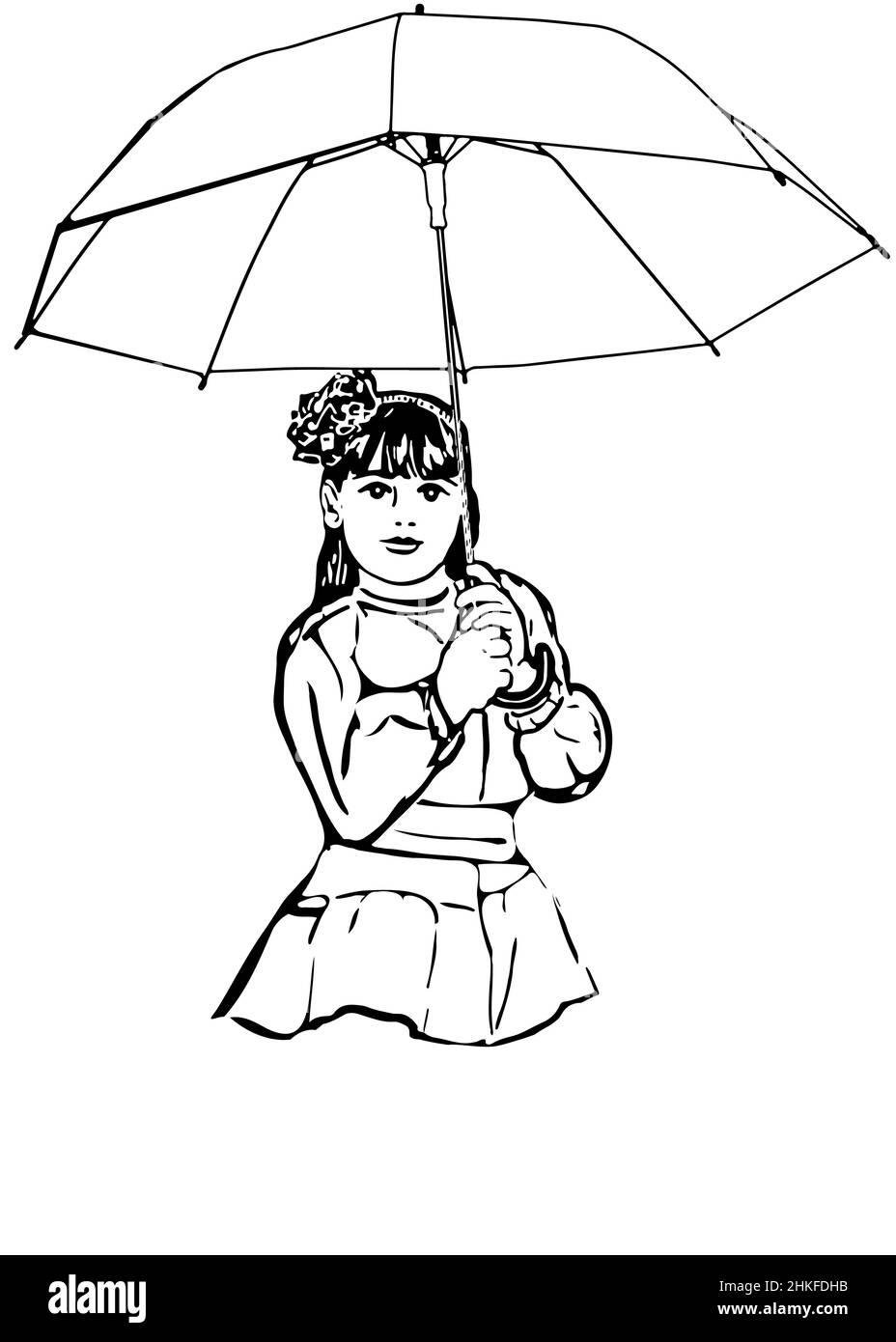 black and white vector sketch of a beautiful little girl under the big umbrella Stock Photo