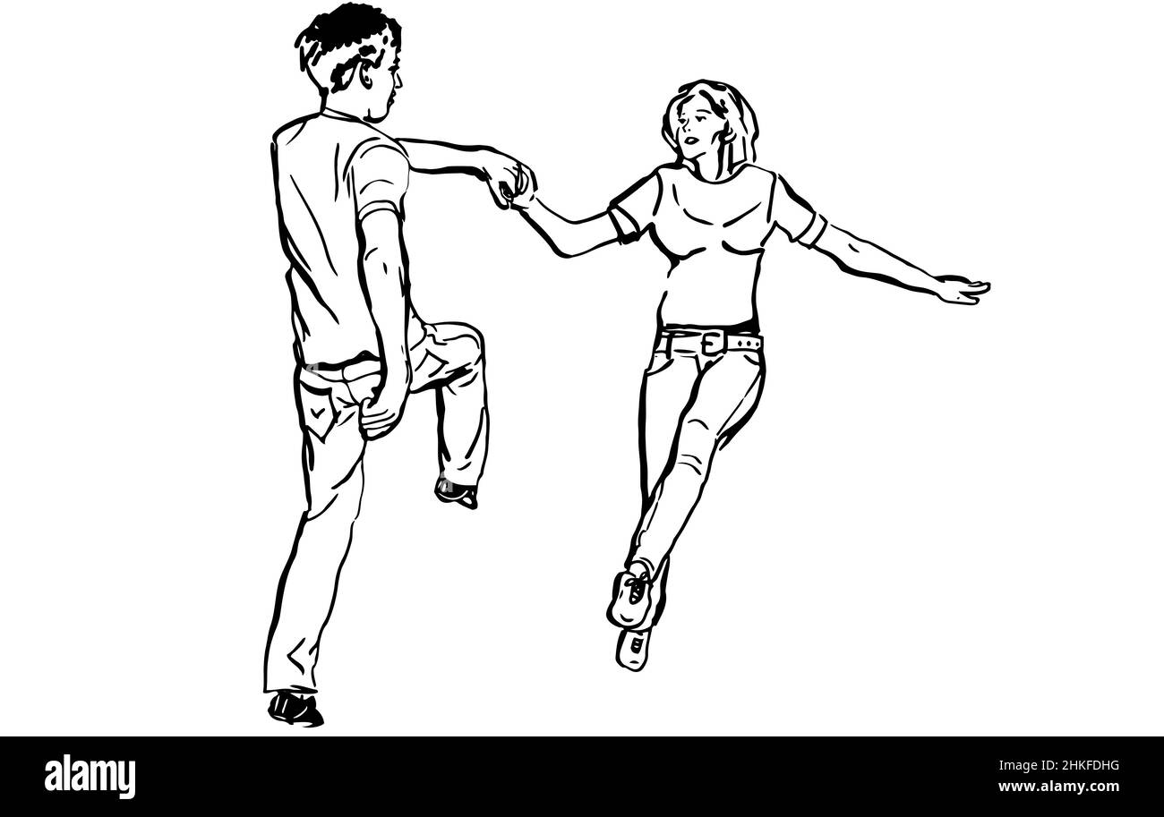 black and white vector sketch of a guy with a girl dancing rock-n-roll ...