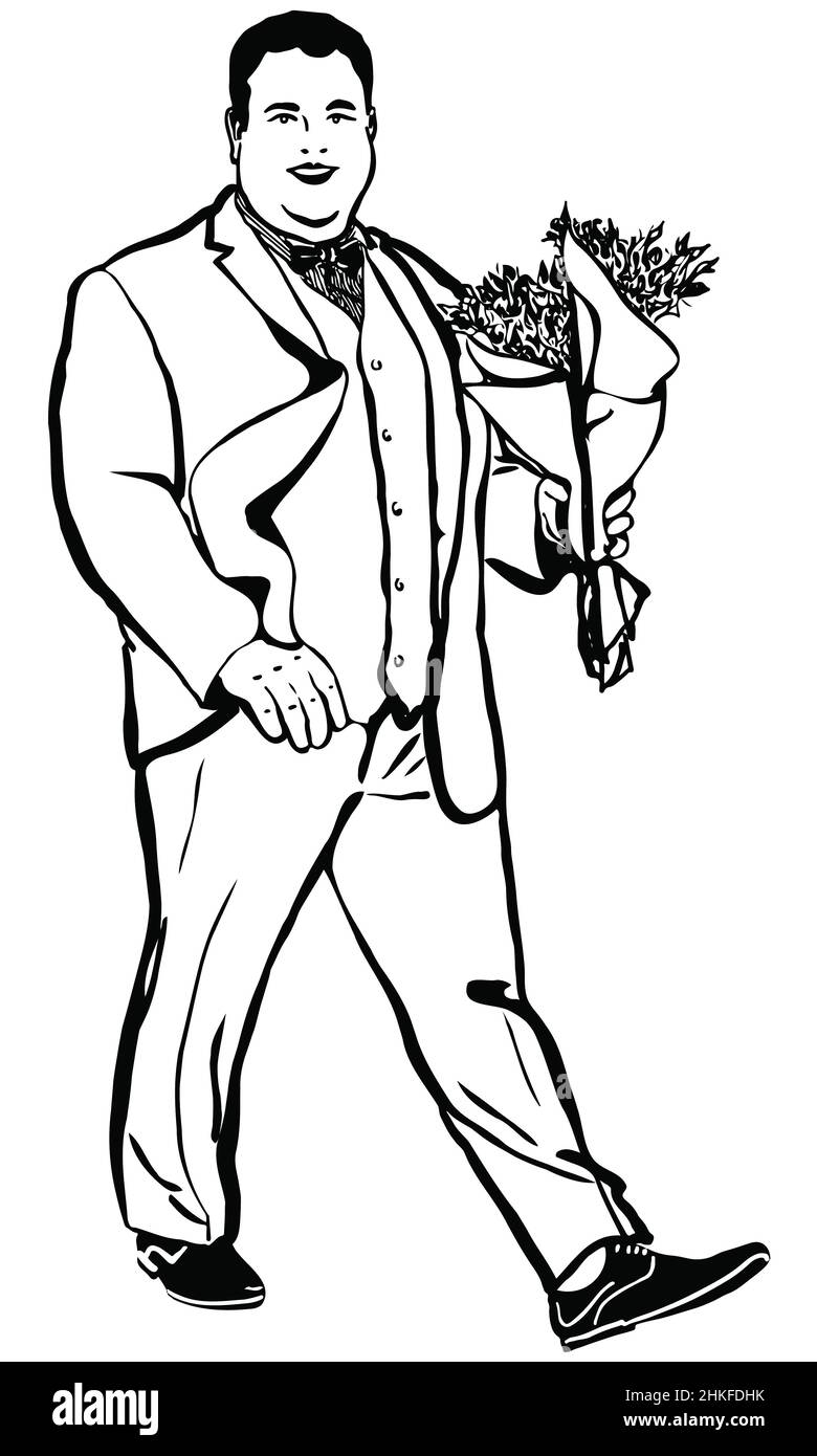 black and white vector sketch of a fat man with a bouquet of flowers Stock Photo