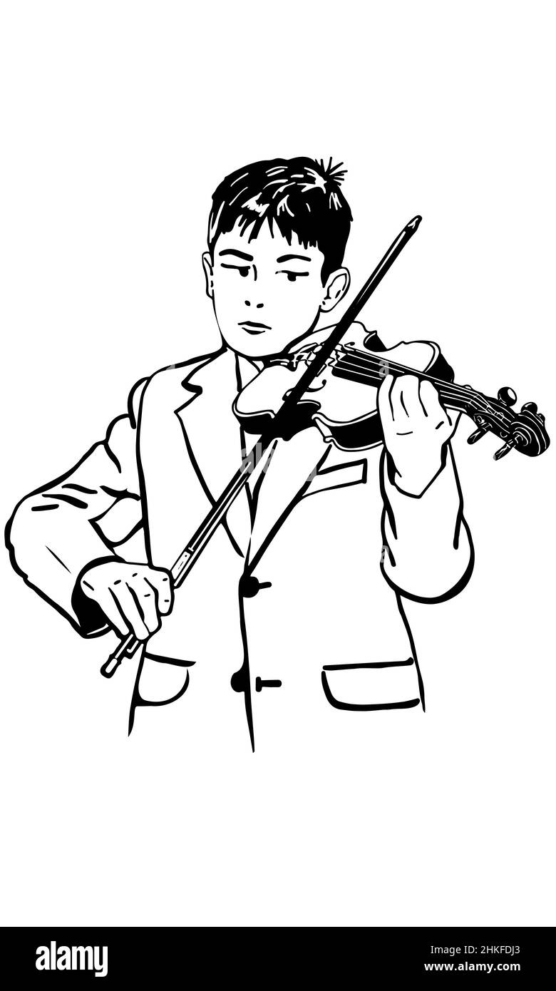 black and white vector sketch boy is practicing the violin Stock Photo