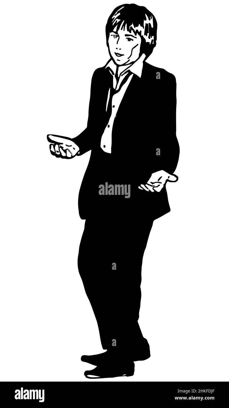 black and white vector sketch of a young man in a jacket asks Stock Photo