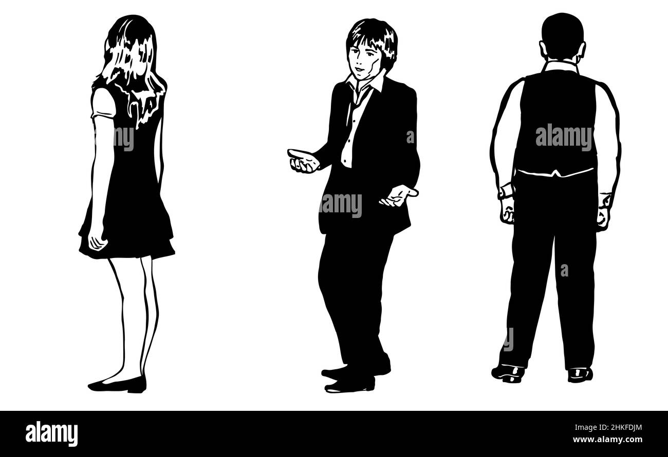 black and white vector sketch of a group of young students Stock Photo
