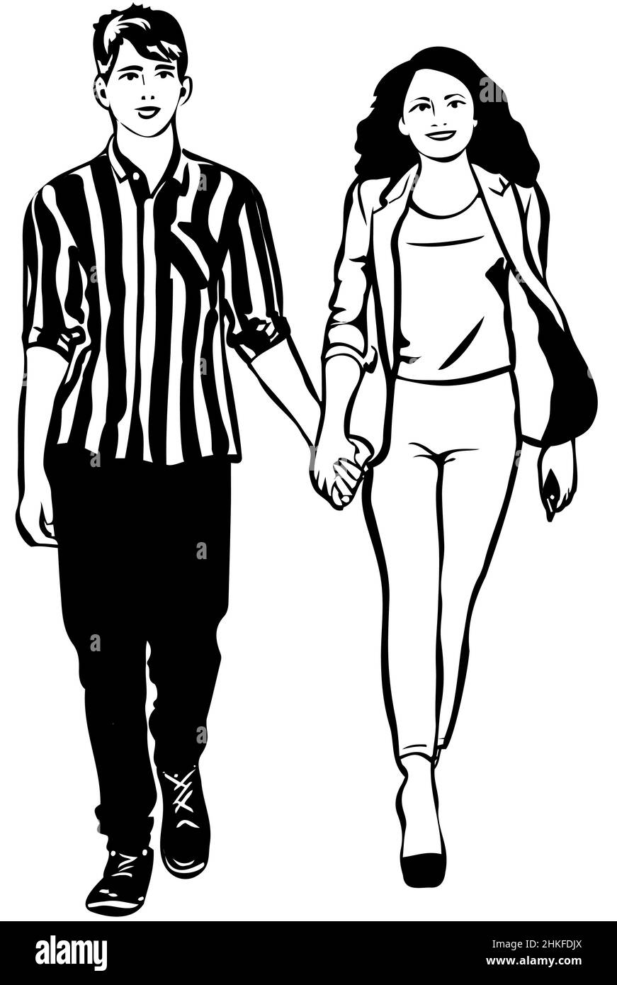 lack and white vector sketch of man and woman walking hand in handm Stock Photo