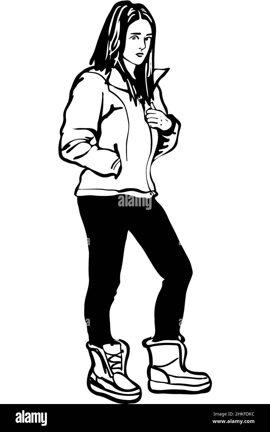 black and white vector sketch of a girl in a jacket and winter boots Stock Photo