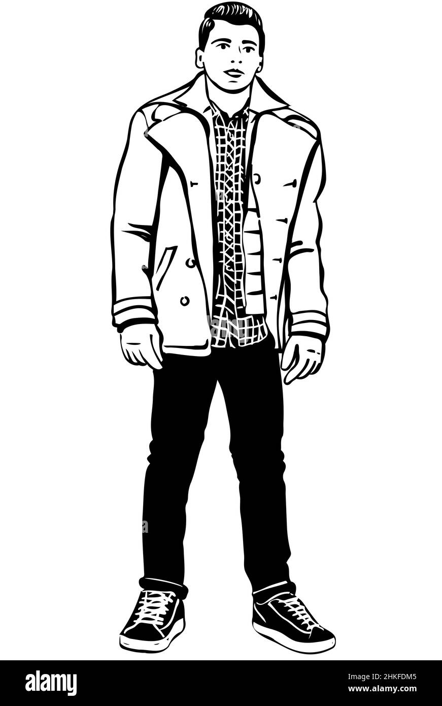 black and white vector sketch of a young handsome man with jacket Stock Photo