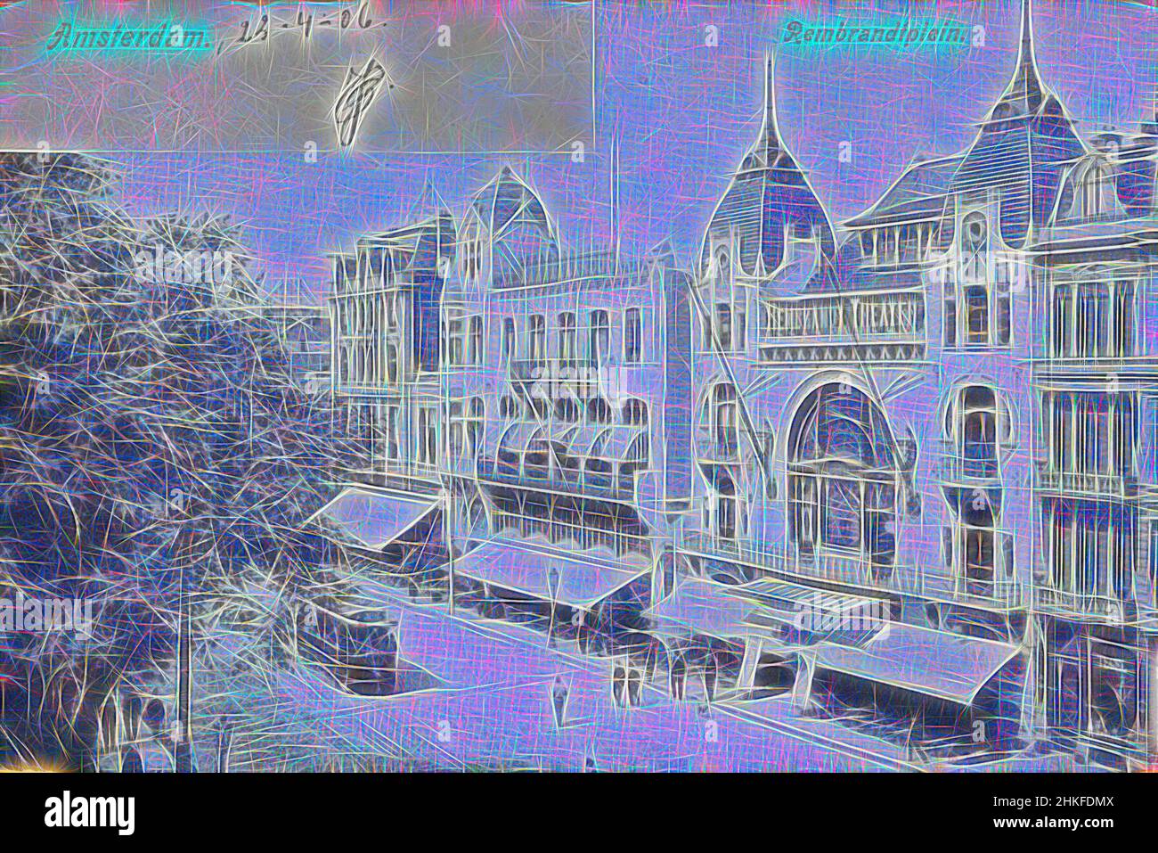Inspired by Amsterdam, Rembrandtplein, maker: H.S. Speelman, The Hague, 23-Apr-1906, writing (processes), height 92 mm × width 141 mm, Reimagined by Artotop. Classic art reinvented with a modern twist. Design of warm cheerful glowing of brightness and light ray radiance. Photography inspired by surrealism and futurism, embracing dynamic energy of modern technology, movement, speed and revolutionize culture Stock Photo