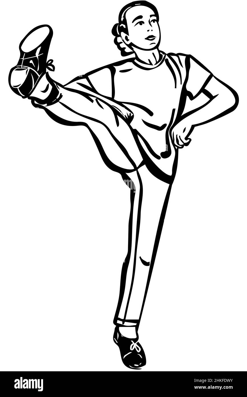 black and white vector sketch of dancing girl high leg lifts Stock Photo