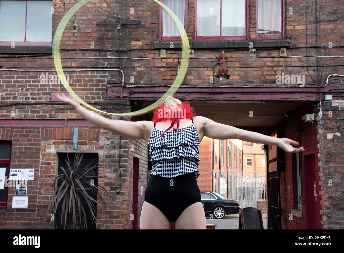 Sheffield, UK June 22 a circus tricks performing woman on stilts