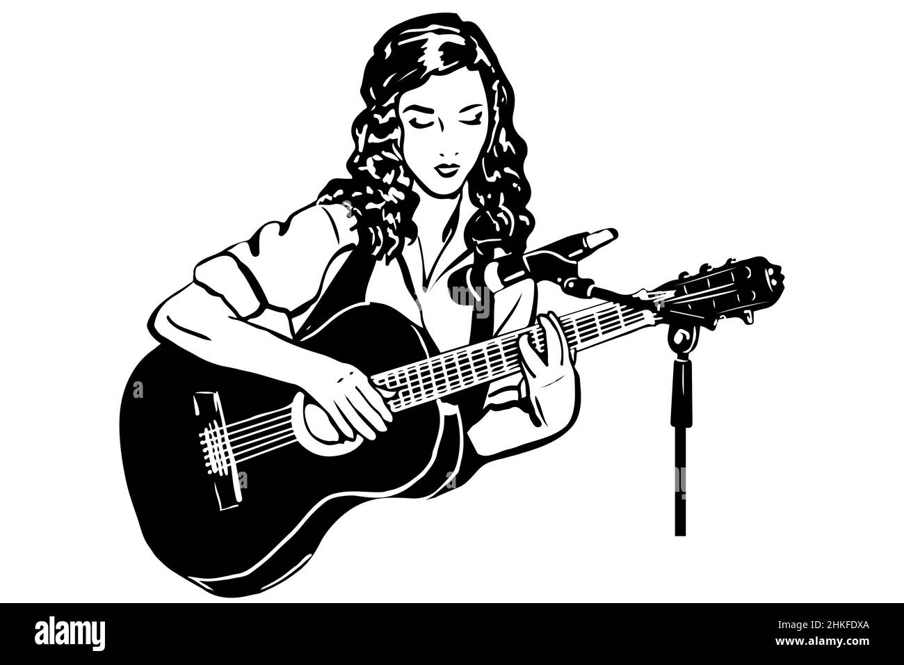 black and white vector sketch of a girl playing the guitar in front of a microphones Stock Photo