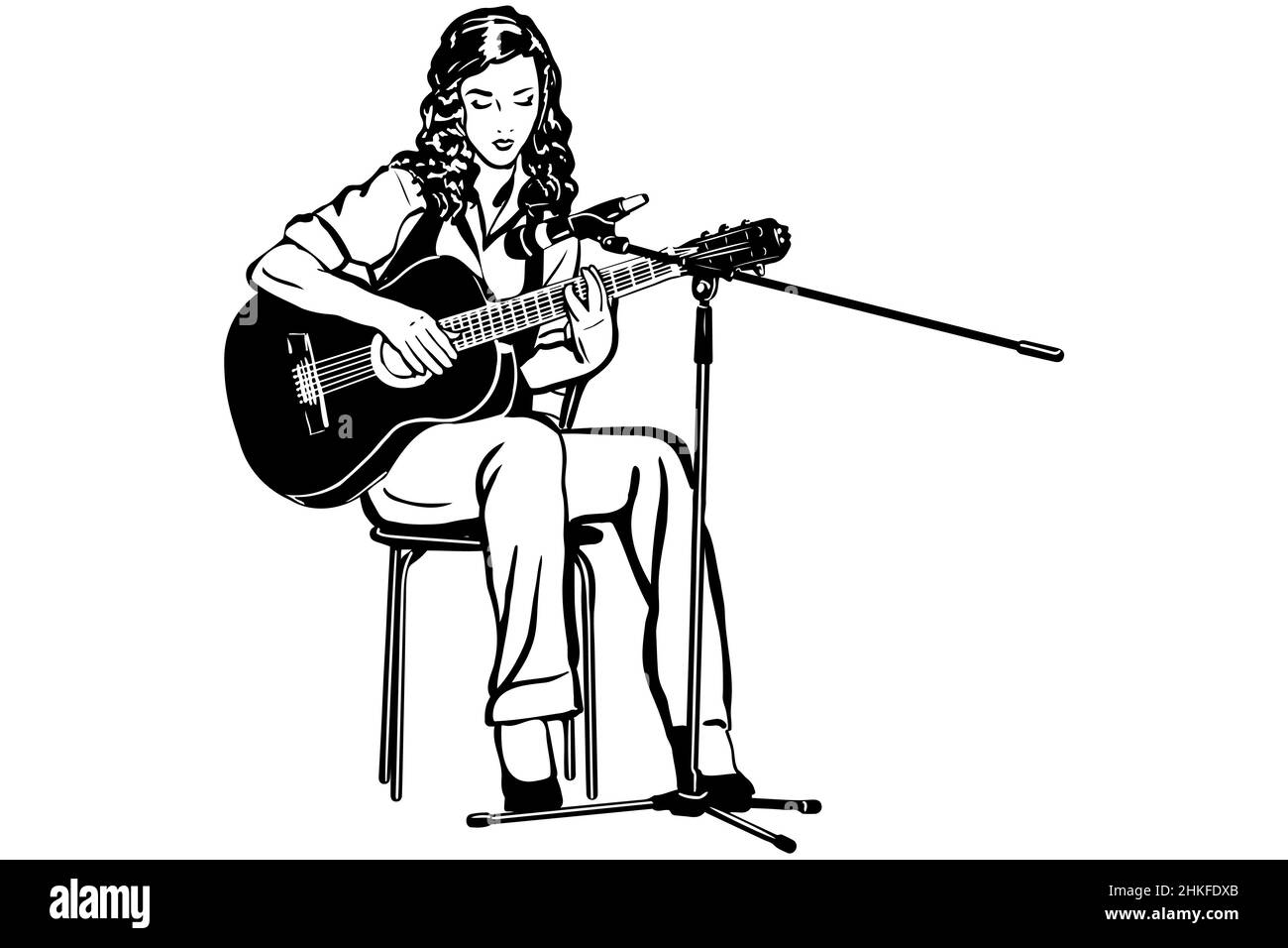 black and white vector sketch of a girl playing the guitar Stock Photo