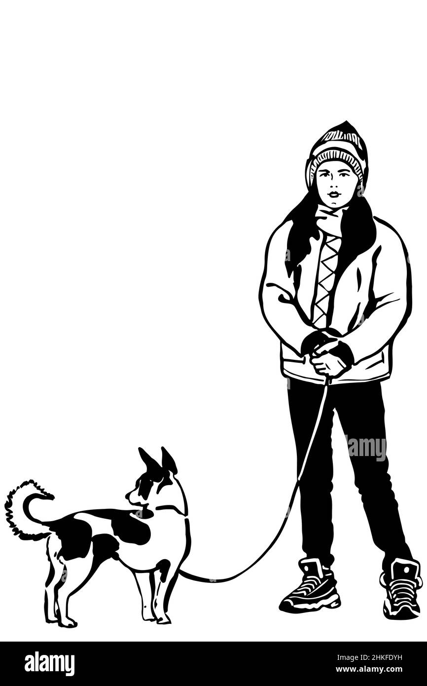 black and white vector sketch of a girl in a jacket with a small dog onleashp Stock Photo