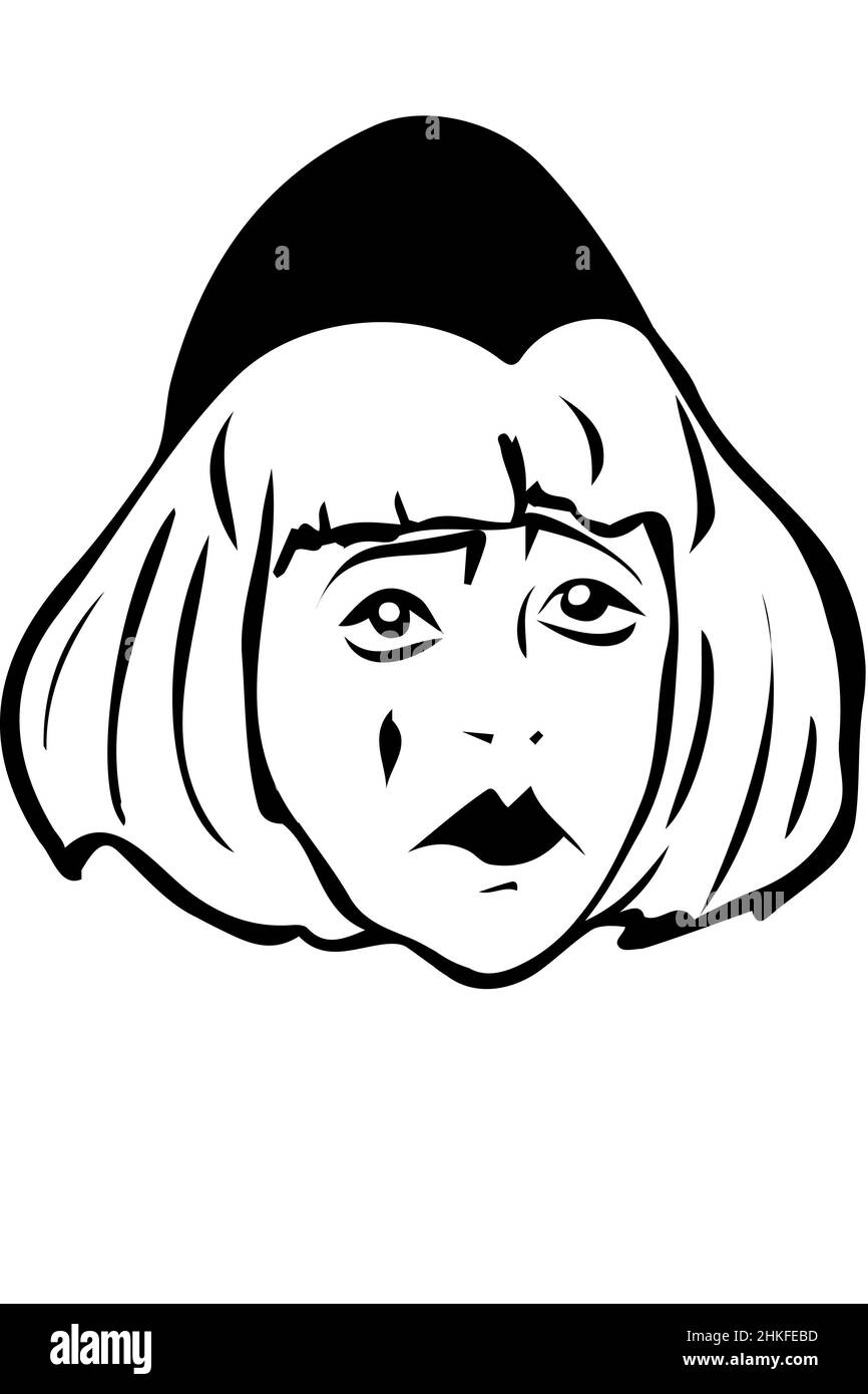 black and white vector sketch of a sad white clown Stock Photo