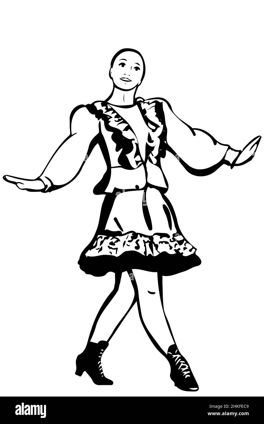 black and white vector sketch of a girl having fun dancing folk dance Stock Photo
