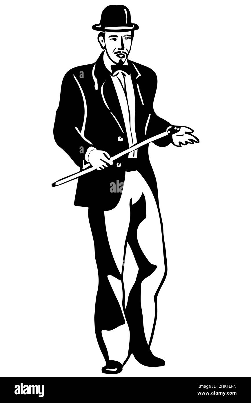 black and white vector sketch of a young man in a bowler hat and cane Stock Photo