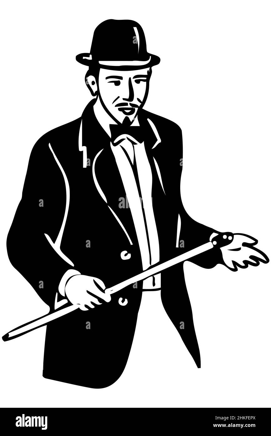 black and white vector sketch of a young man in a bowler hat and cane Stock Photo