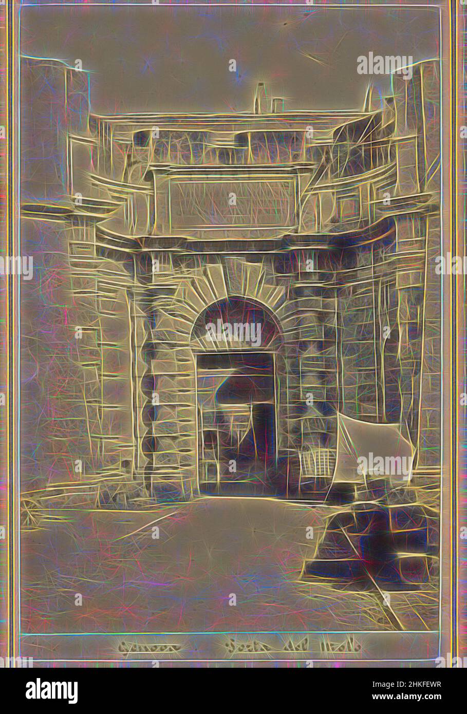 Inspired by View of the Porta del Molo in Genoa, Genova. Porta del Molo, Celestino Degoix, Genua, 1860 - 1890, albumen print, height 164 mm × width 110 mm, Reimagined by Artotop. Classic art reinvented with a modern twist. Design of warm cheerful glowing of brightness and light ray radiance. Photography inspired by surrealism and futurism, embracing dynamic energy of modern technology, movement, speed and revolutionize culture Stock Photo