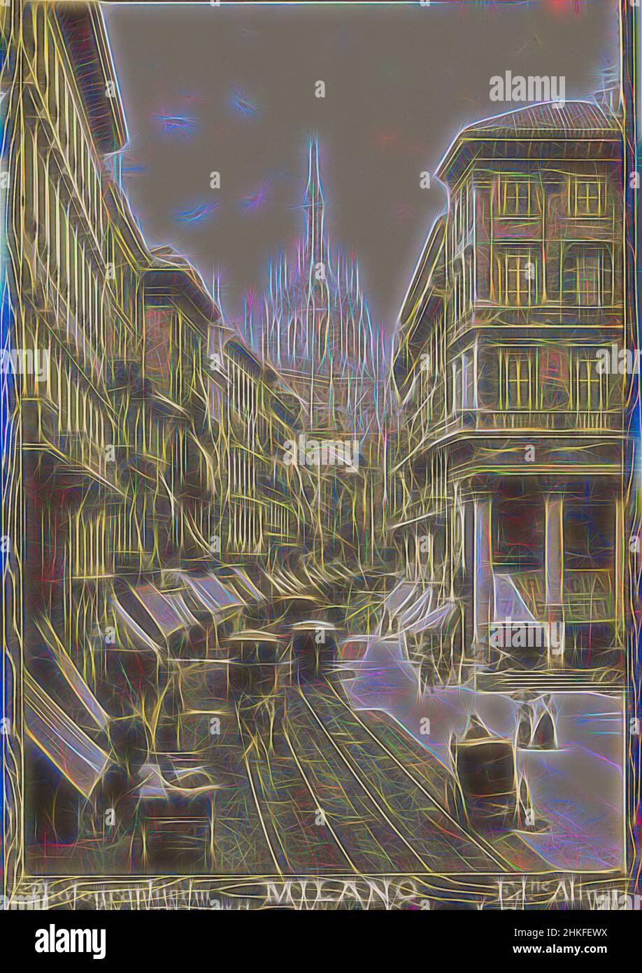 Inspired by Milano/ Il Corso Vittorio Emanuele, Photographicum/ Serie A. Coll. VI, Vol II, Alinari, Milaan, 1896, gelatin silver print, height 141 mm × width 94, Reimagined by Artotop. Classic art reinvented with a modern twist. Design of warm cheerful glowing of brightness and light ray radiance. Photography inspired by surrealism and futurism, embracing dynamic energy of modern technology, movement, speed and revolutionize culture Stock Photo