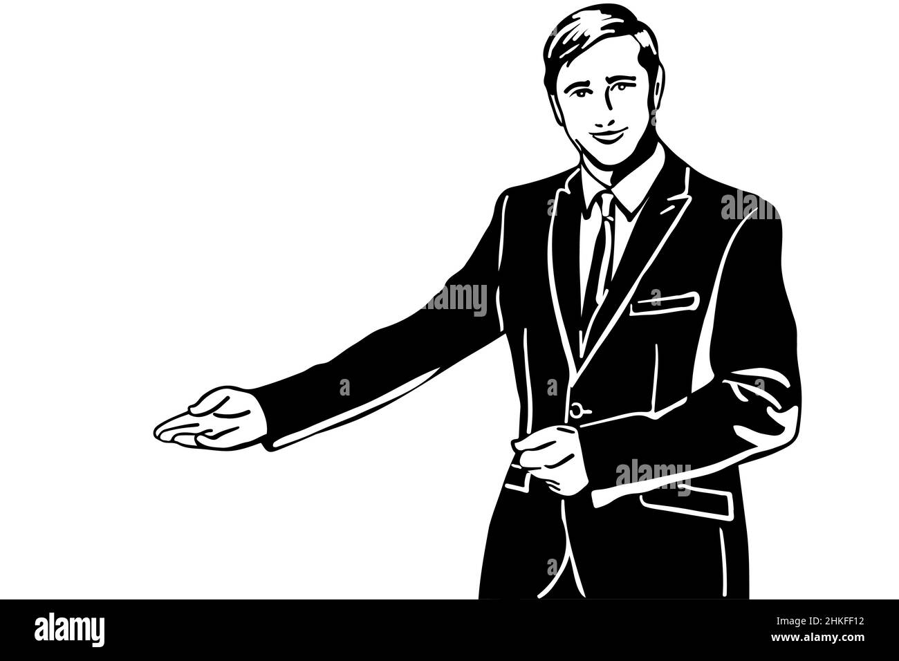 black and white vector sketch of a man in a suit invites with his hand Stock Photo