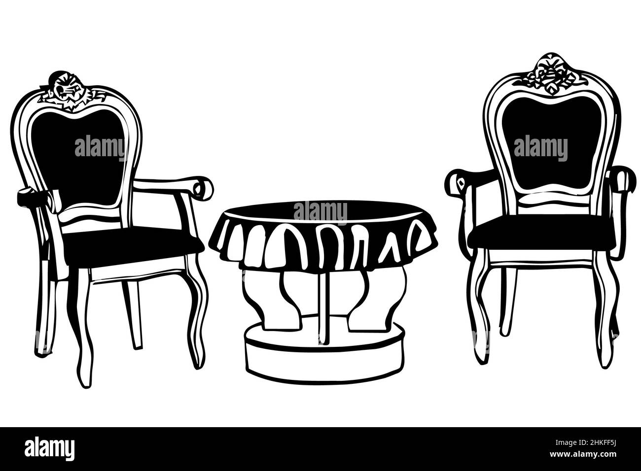 black and white vector sketch two vintage chairs with armrests and a round table Stock Photo