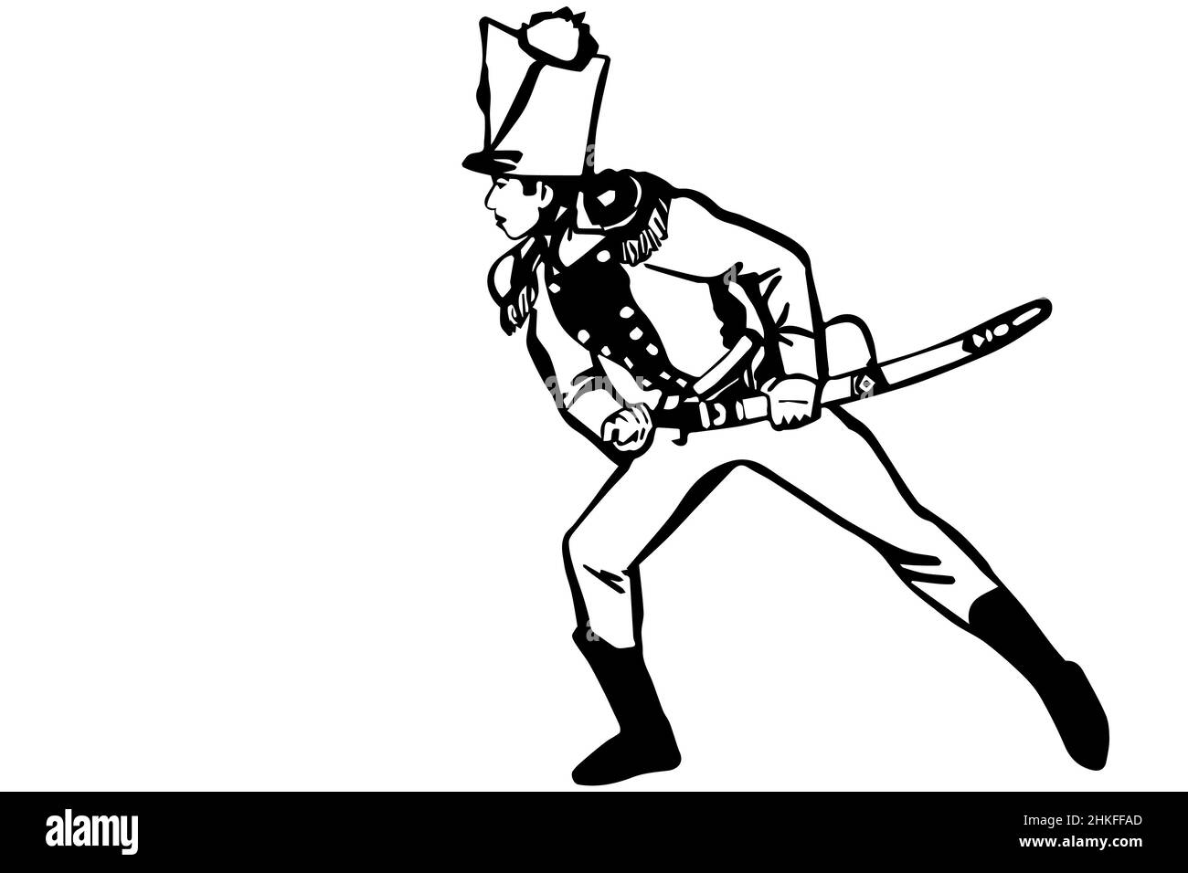 Black and white vector sketch of a young hussar warrior in a lunge with a saber Stock Photo