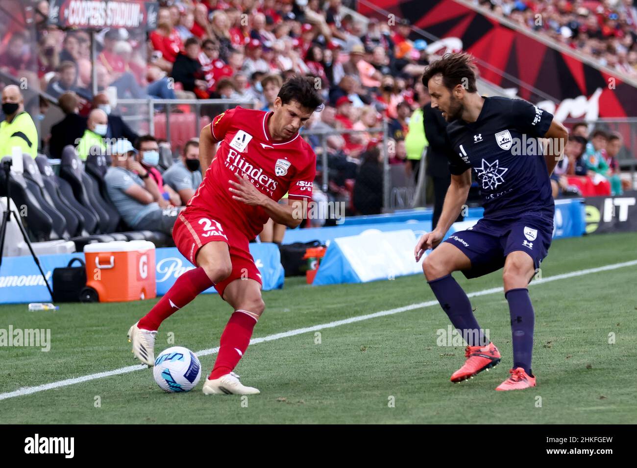 Adelaide, Australia, 4 February, 2022. Javier López Rodriguez of Adelaide United kicks the ball during the A-League soccer match between Adelaide United and Sydney FC. Credit: Peter Mundy/Speed Media/Alamy Live News Stock Photo