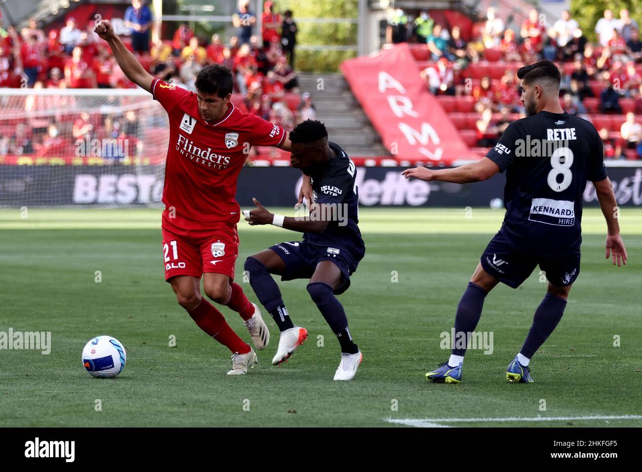 Adelaide, Australia, 4 February, 2022. Javier López Rodriguez of Adelaide United attacks the ball during the A-League soccer match between Adelaide United and Sydney FC. Credit: Peter Mundy/Speed Media/Alamy Live News Stock Photo