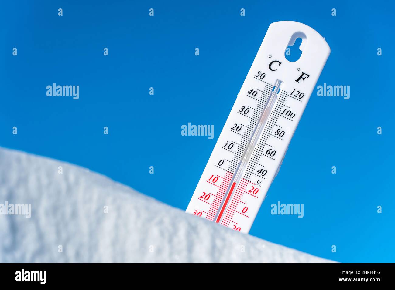 Thermometer in the snow. Climate, weather, forecast. Temperatures outside. Thermometer in the snow shows temperatures below zero. Low temperatures in Stock Photo