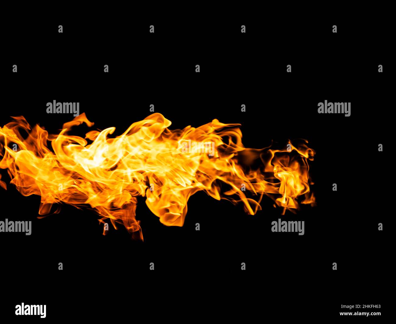 Fire flames on black background isolated. Burning gas or gasoline burns