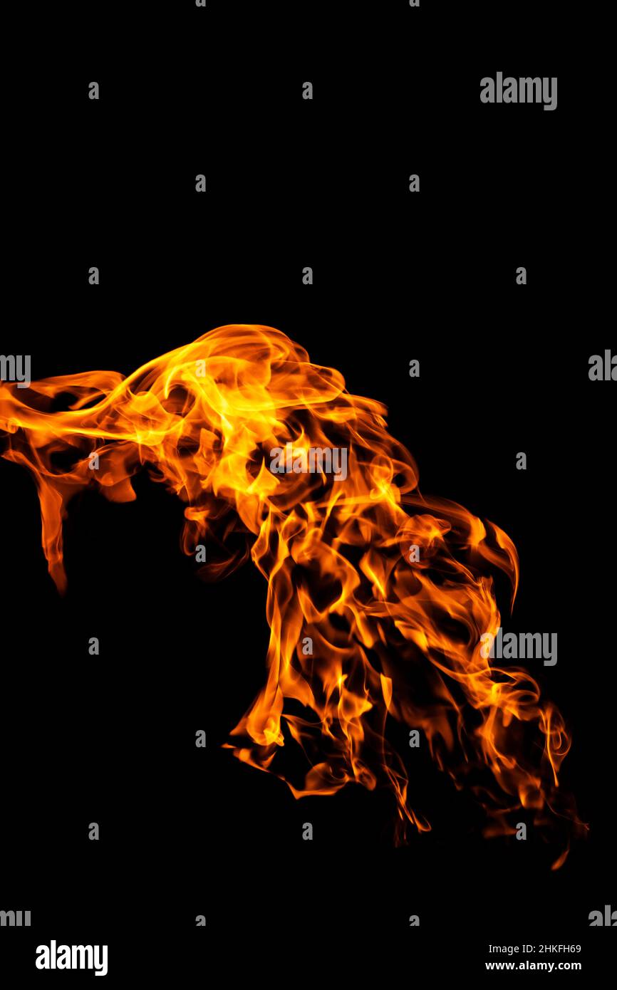 Fire flames on black background isolated. Burning gas or gasoline burns
