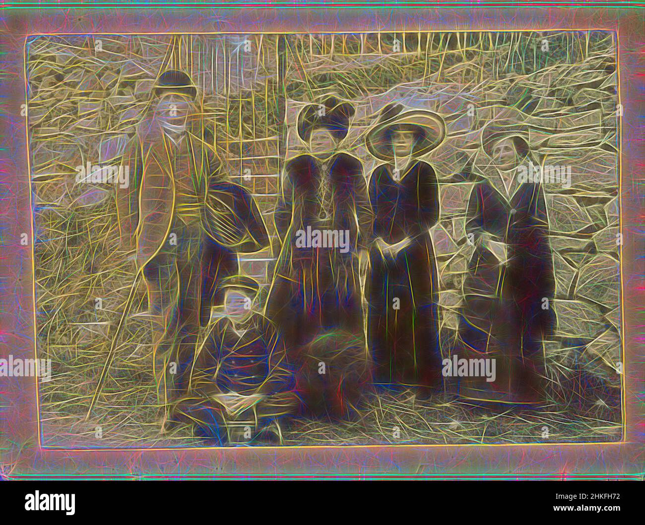 Inspired by Portrait of an unknown family in front of a stone wall, Netherlands, c. 1900 - c. 1915, height 111 mm × width 159 mm, Reimagined by Artotop. Classic art reinvented with a modern twist. Design of warm cheerful glowing of brightness and light ray radiance. Photography inspired by surrealism and futurism, embracing dynamic energy of modern technology, movement, speed and revolutionize culture Stock Photo