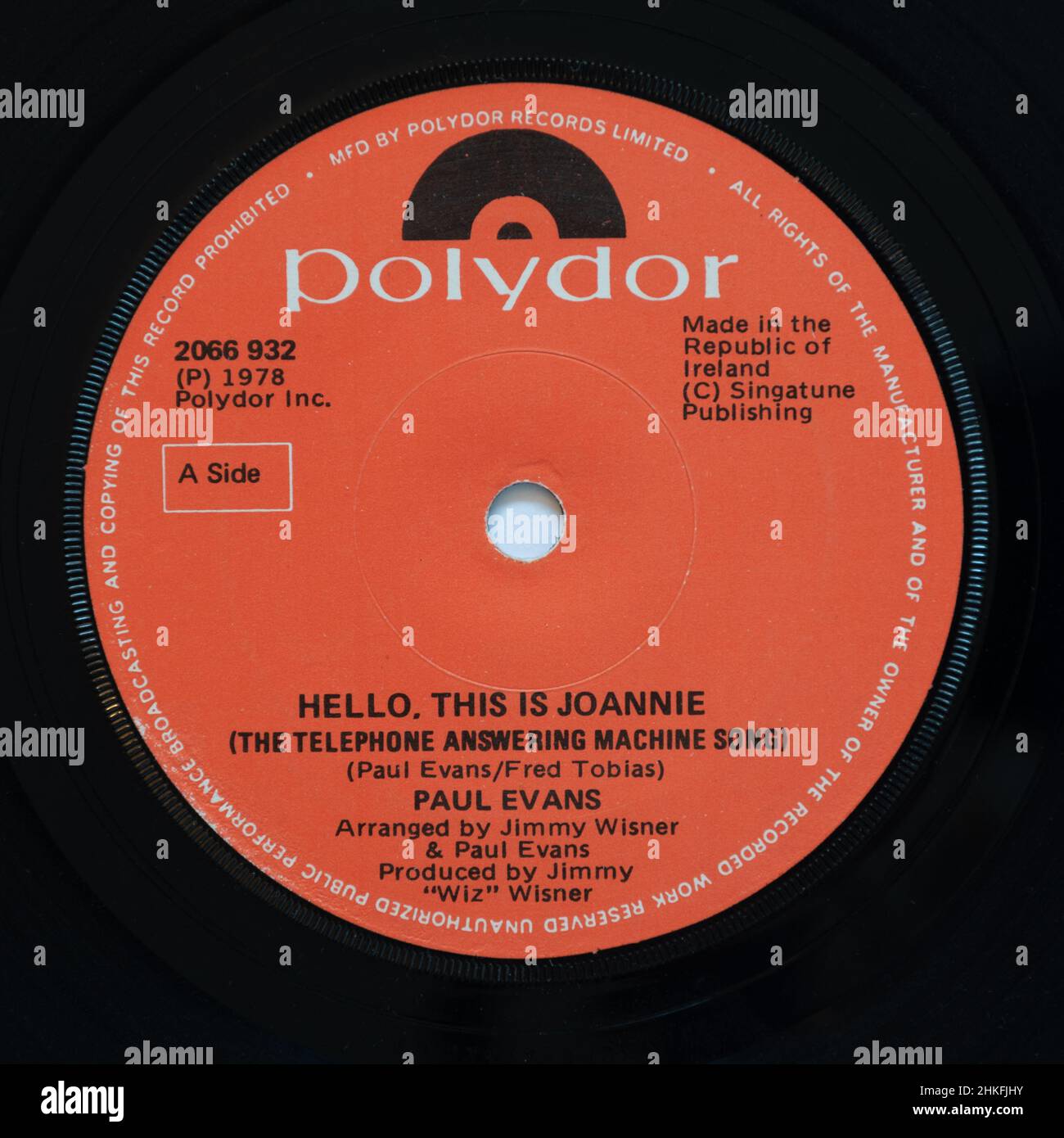 Hello, this is Joannie (the telephone answering machine song) by Paul Evans, a stock photo of the 7' single vinyl 45 rpm record Stock Photo
