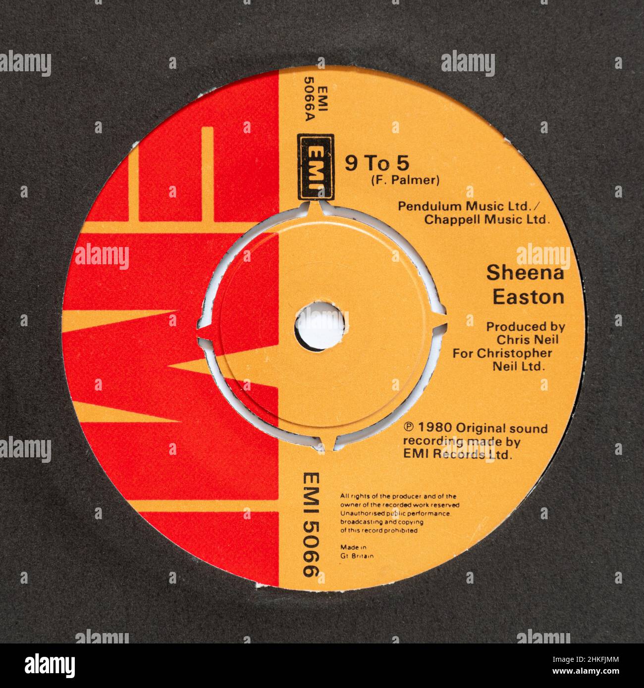 9 to 5, sung by Sheena Easton, a stock photo of the 7' single vinyl 45 rpm record Stock Photo