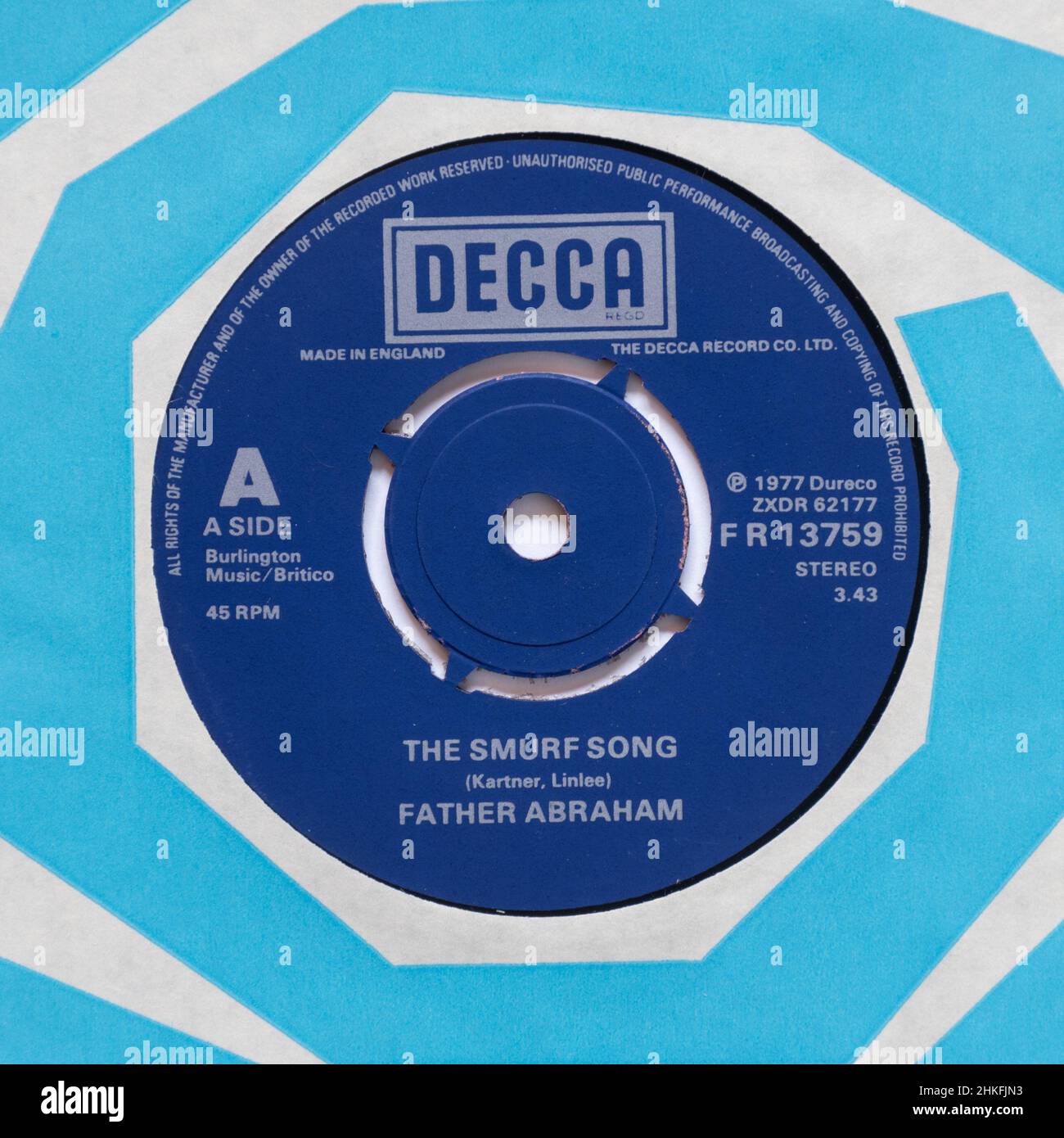 The Smurf Song by Father Abraham, a stock photo of the 7" single vinyl 45 rpm record Stock Photo