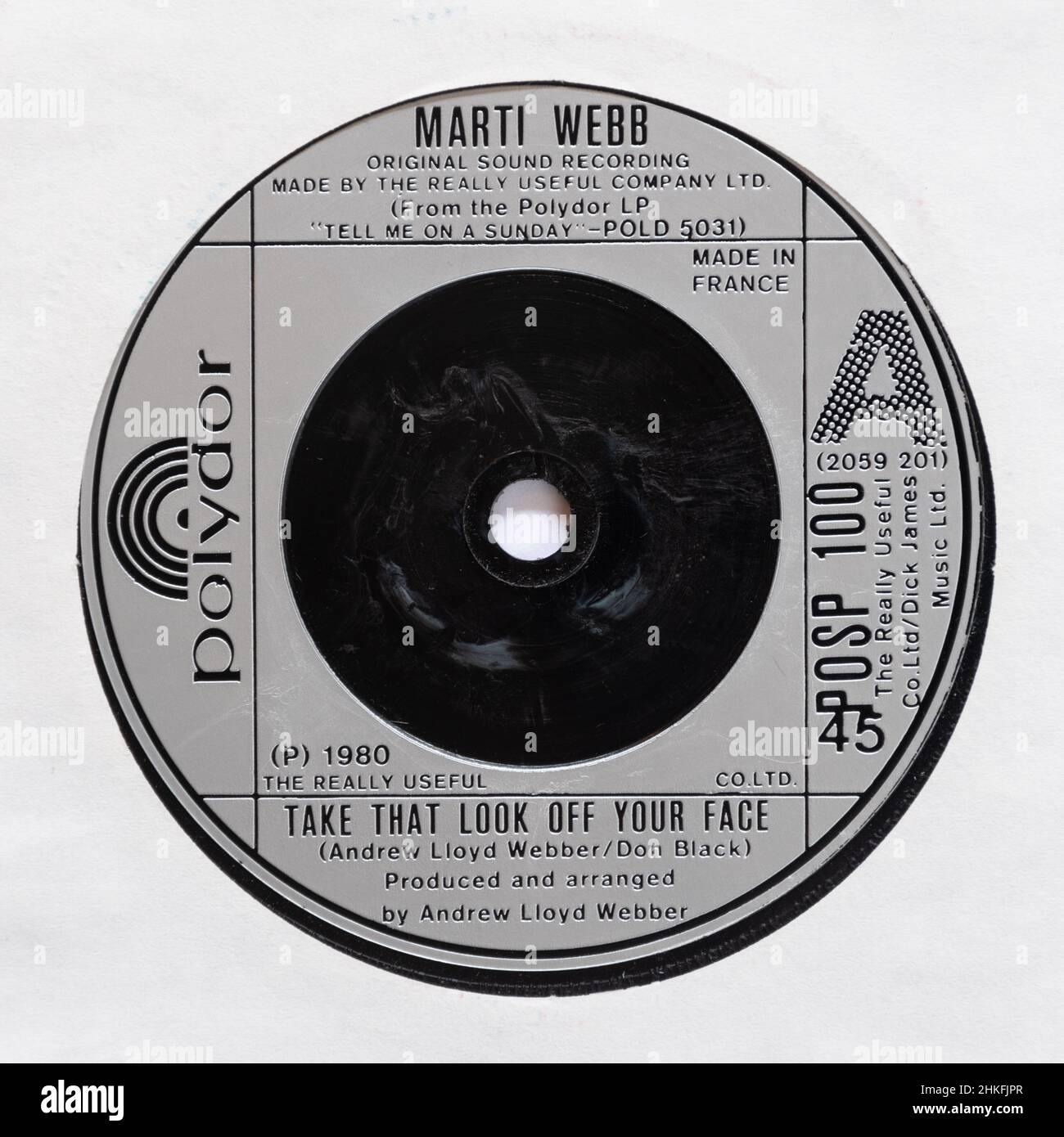 Take that Look off your Face, sung by Marti Webb, a stock photo of the 7' single vinyl 45 rpm record Stock Photo