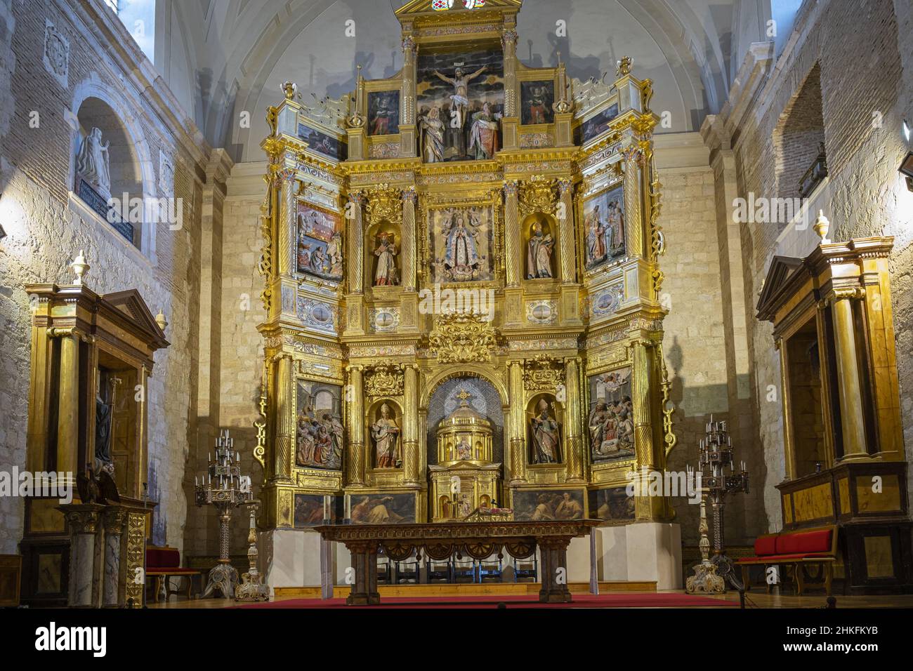 Spain, Castile and León, La Meseta, Carrion de los Condes, stage on the Camino Francés, Spanish route of the pilgrimage to Santiago de Compostela, listed as a UNESCO World Heritage Site, San Zoilo Cluniac monastery founded in the 10th century, major altarpiece Stock Photo