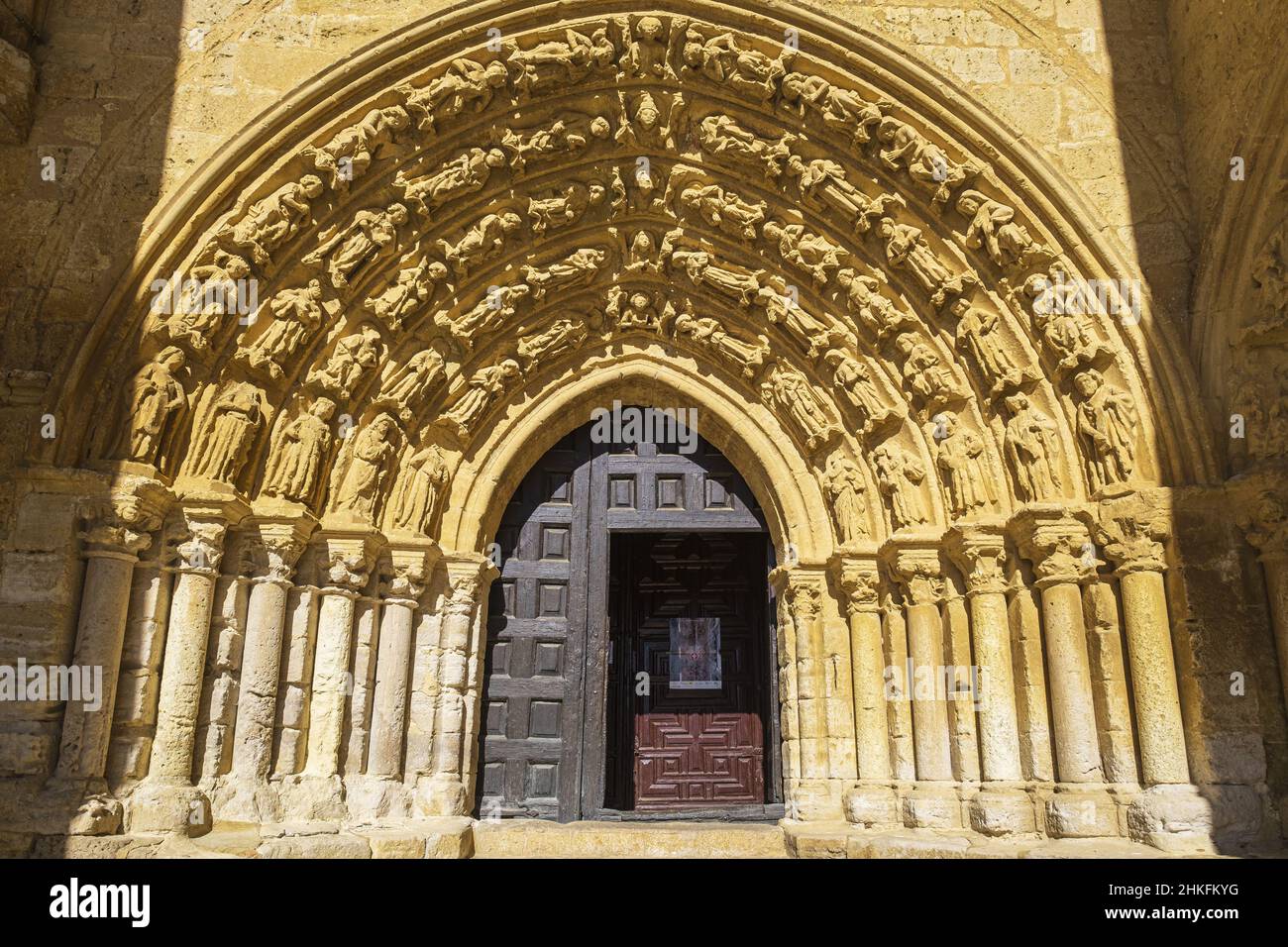 Spain, Castile and León, La Meseta, Villalcazar de Sirga, village on the Camino Francés, Spanish route of the pilgrimage to Santiago de Compostela, listed as a UNESCO World Heritage Site, Santa Maria la Blanca church built in the 12th century by the Knights Templar Stock Photo