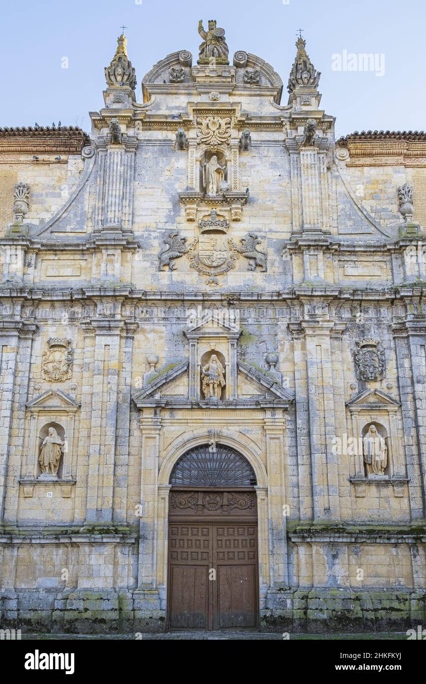 Spain, Castile and León, Carrion de los Condes, stage on the Camino Francés, Spanish route of the pilgrimage to Santiago de Compostela, listed as a UNESCO World Heritage Site, San Zoilo Cluniac monastery founded in the 10th century, Barroque façade of the church Stock Photo