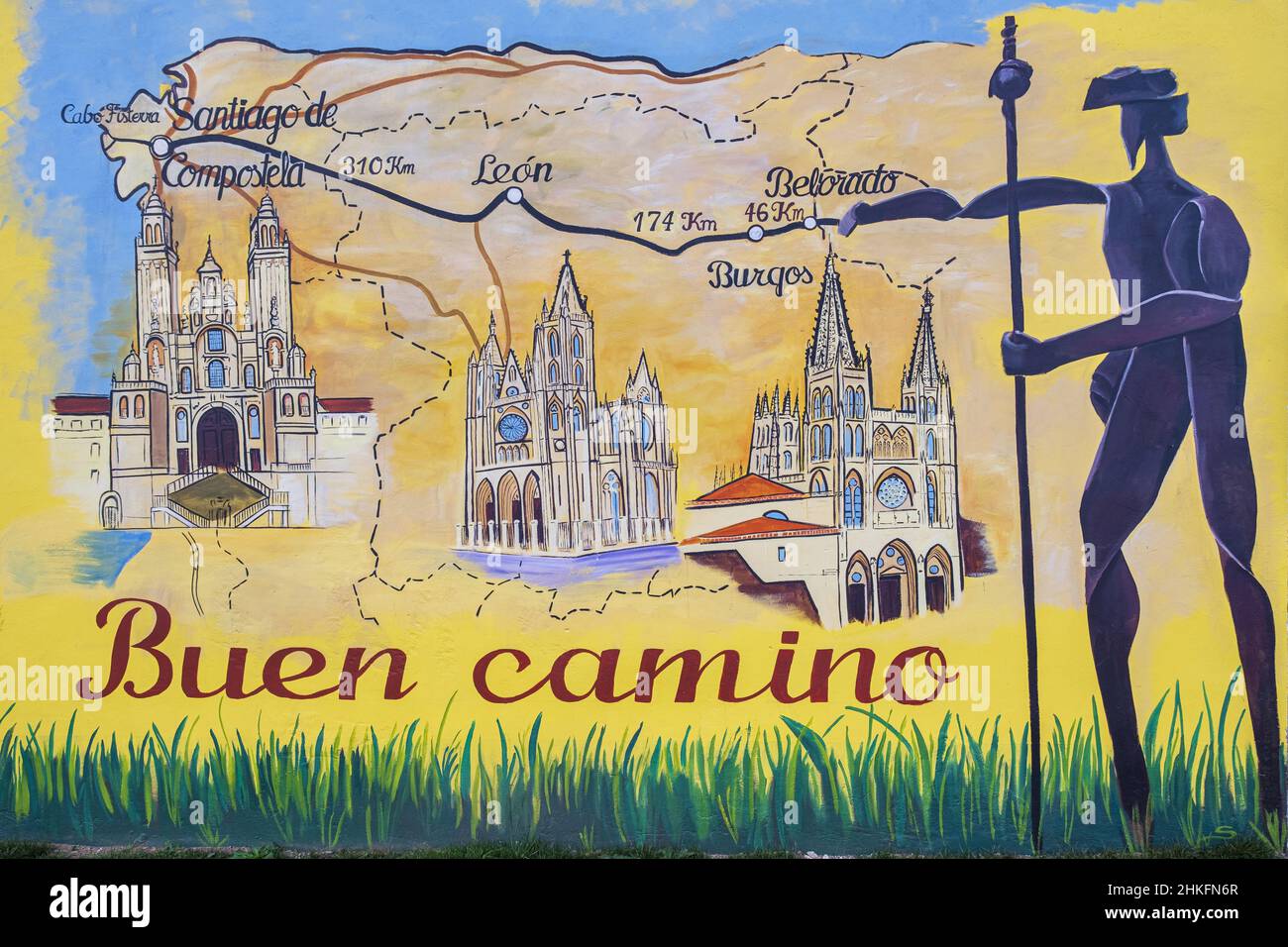 Spain, Castile and León, Belorado, stage on the Camino Francés, Spanish route of the pilgrimage to Santiago de Compostela, listed as a UNESCO World Heritage Site, mural Stock Photo