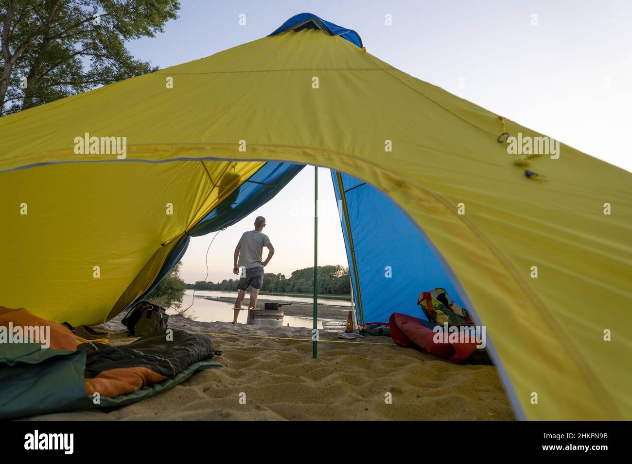 France, Indre-et-Loire, Candian canoe and itinerant on the Loire, UNESCO World Heritage Site, bivouac located on a beach or on an island, view from inside the bivouac, without person Stock Photo