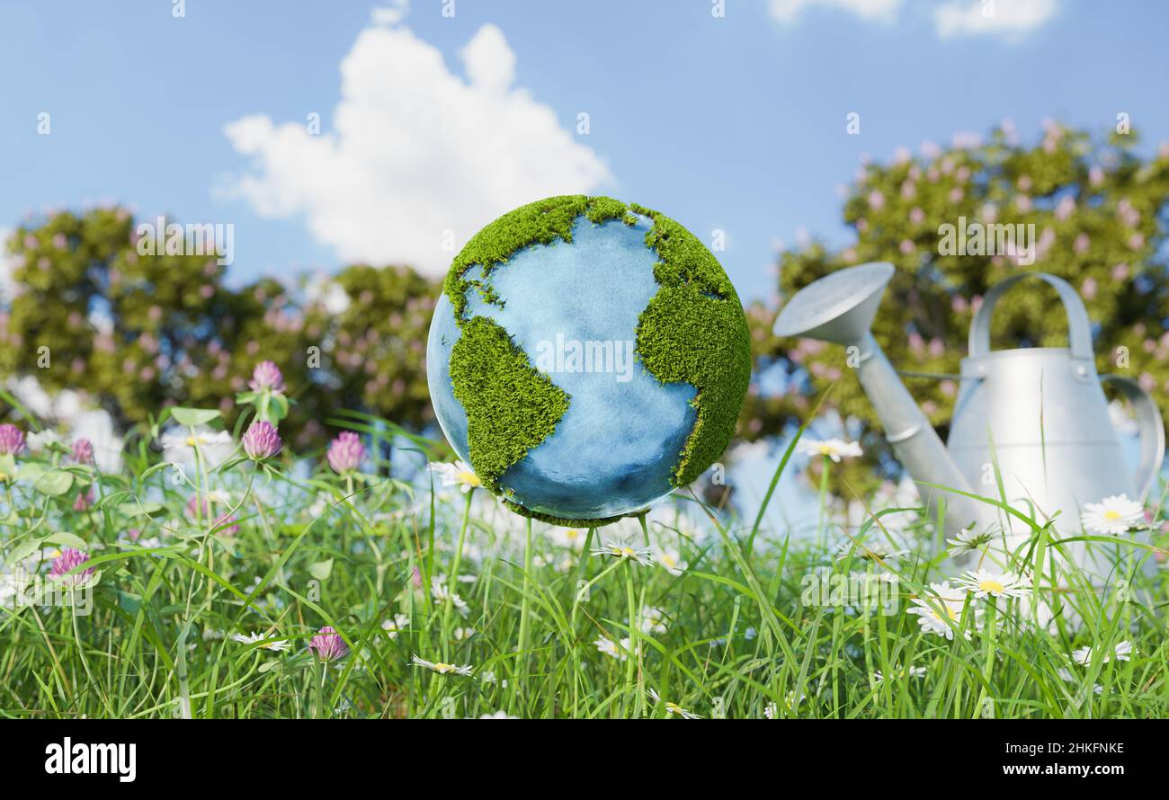 planet earth floating on rural background with trees and watering can ...