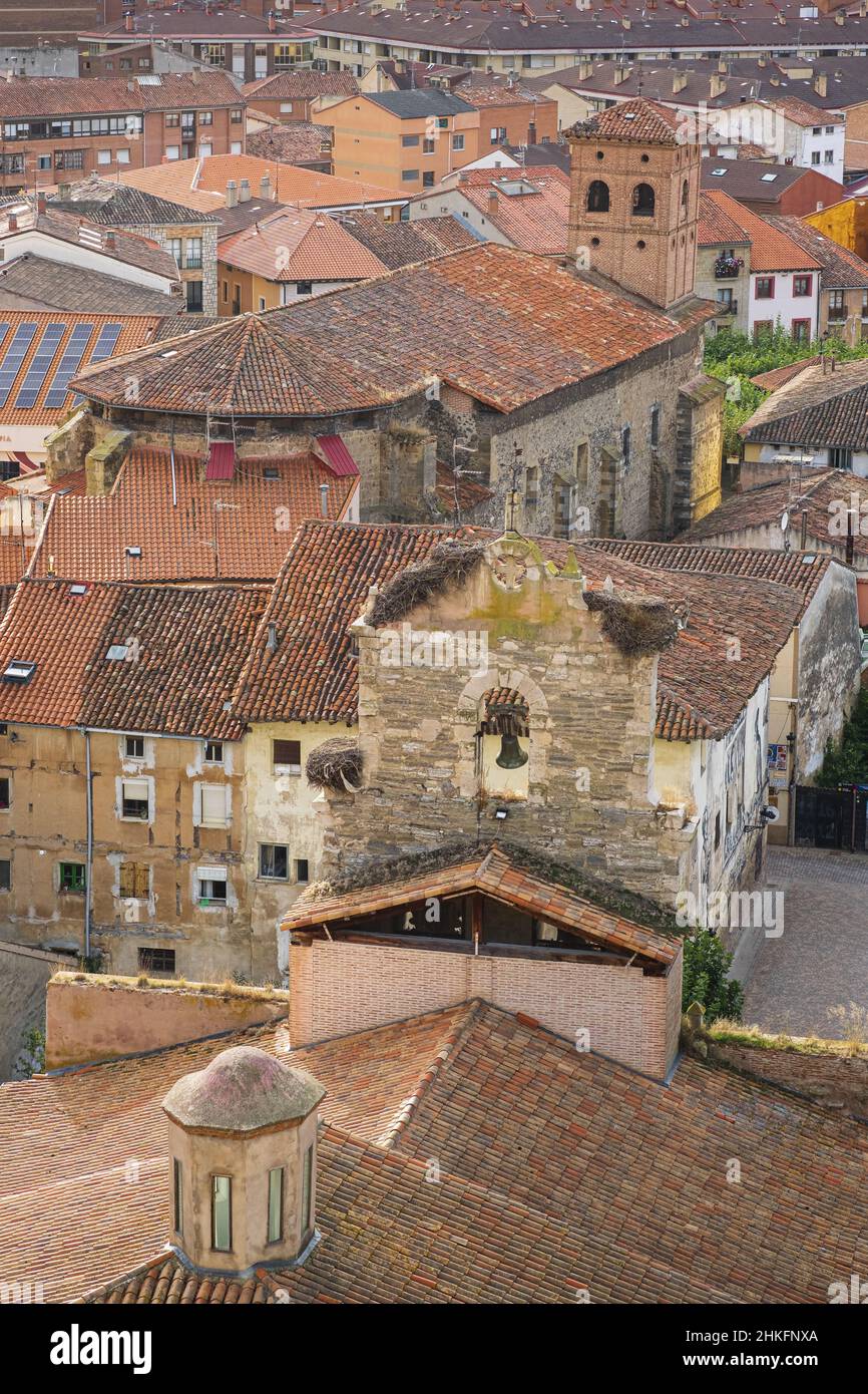 Spain, Castile and León, Belorado, stage on the Camino Francés, Spanish route of the pilgrimage to Santiago de Compostela, listed as a UNESCO World Heritage Site, 16th century Santa Maria La Mayor church on the foreground and San Pedro church Stock Photo