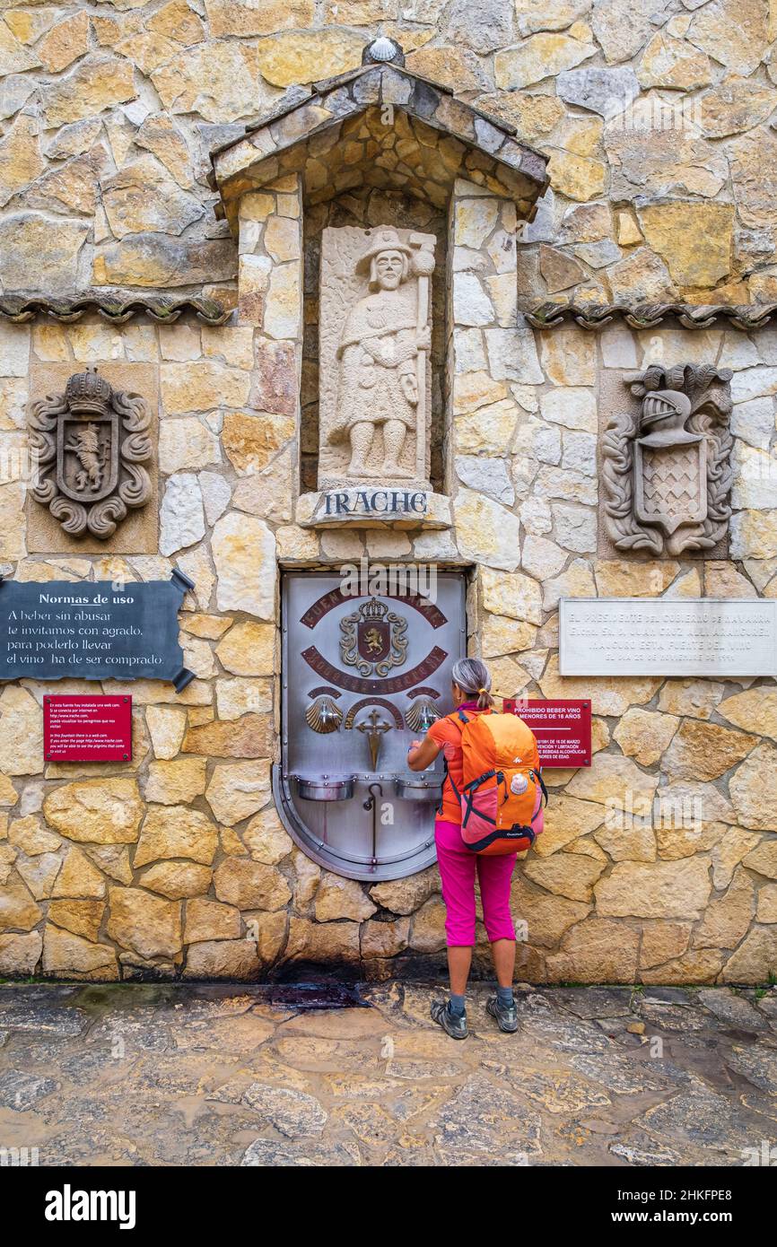 Spain, Navarre, Ayegui (Aiegi), hike on the Camino Francés, Spanish route  of the pilgrimage to Santiago de Compostela, listed as a UNESCO World  Heritage Site, wine fountain of Bodegas Irache wine estate
