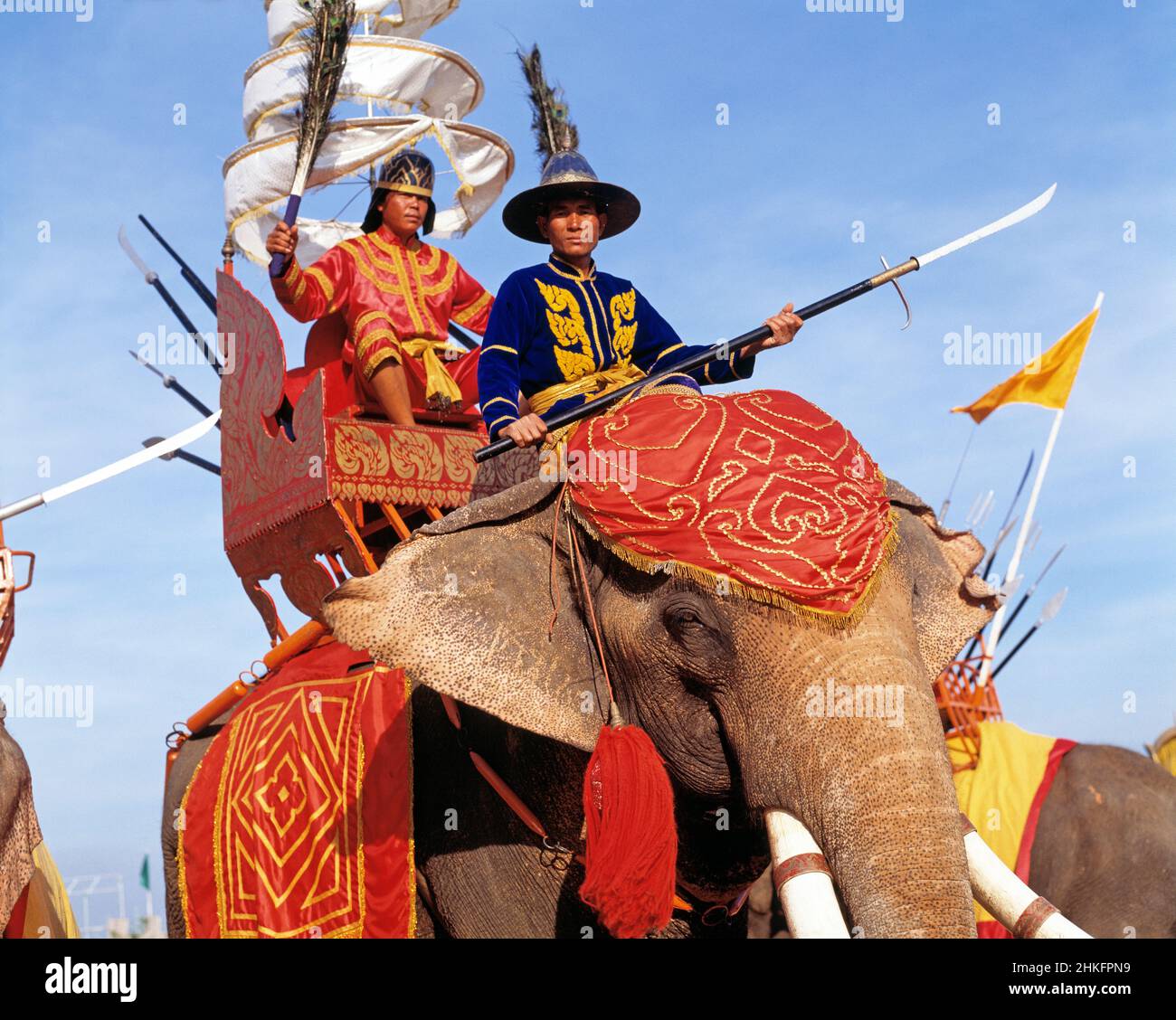 Thailand. Nakhon Pathom. Samphran Elephant Ground. Thai players riding on elephant in theme show. Stock Photo