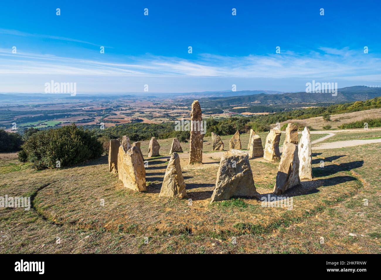 Spain, Navarre, surroundings of Zariquiegui (Zarikiegi), Alto del Perdon (alt : 770m), pass on the Camino Francés, Spanish route of the pilgrimage to Santiago de Compostela, listed as a UNESCO World Heritage Site, memorial of the 92 people murdered in the Sierra del Perdon during the years 1936-37 by the Francoist repression, work of the sculptor Pello Iraizoz Stock Photo
