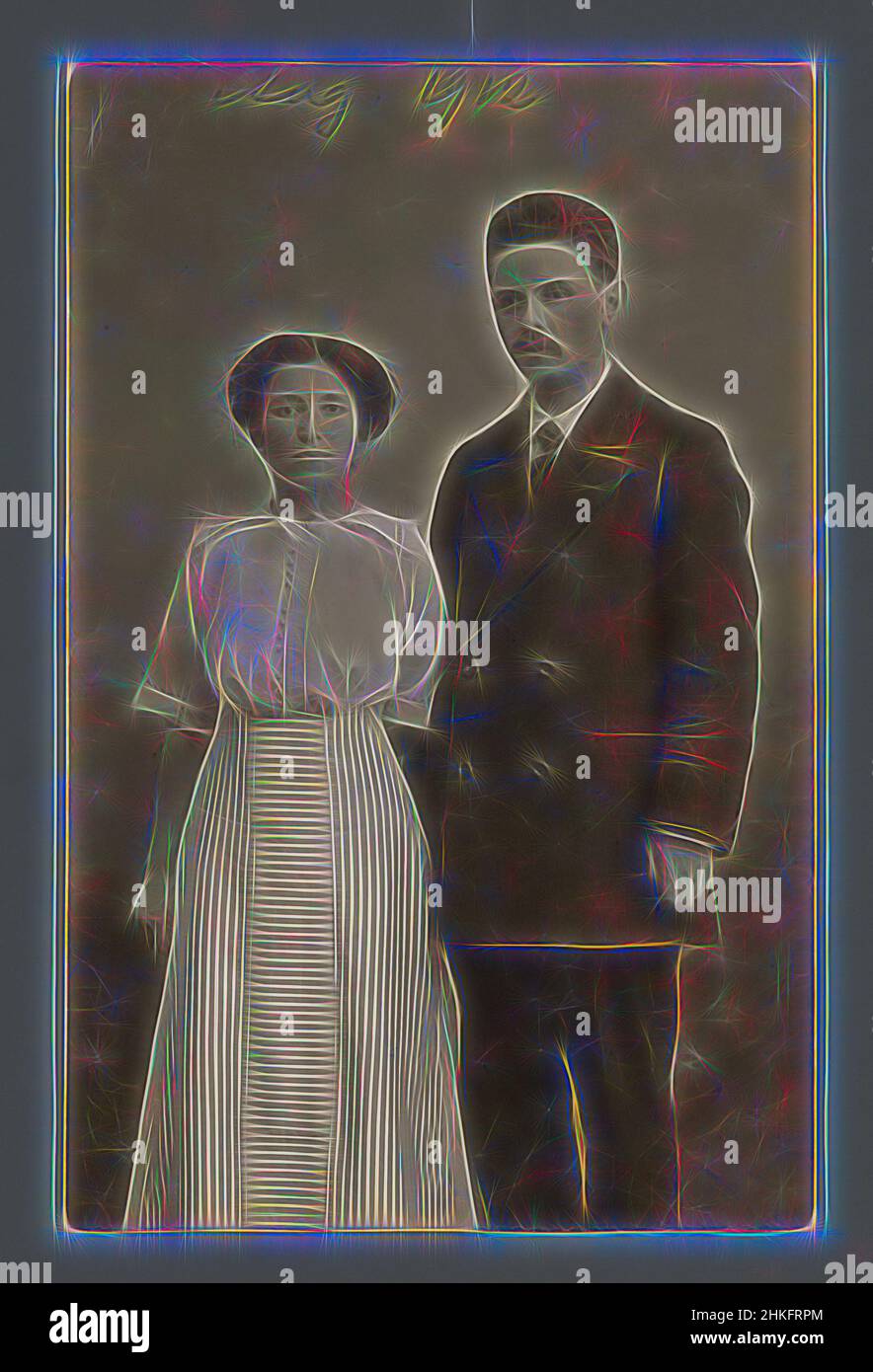 Inspired by Studio portrait of an unknown man and woman, Aug-1912, gelatin silver print, height 139 mm × width 90 mm, Reimagined by Artotop. Classic art reinvented with a modern twist. Design of warm cheerful glowing of brightness and light ray radiance. Photography inspired by surrealism and futurism, embracing dynamic energy of modern technology, movement, speed and revolutionize culture Stock Photo